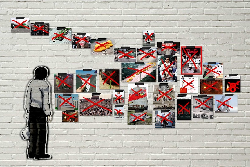 Censored images of the Tiananmen massacre hang on a wall forming the shape of a tank.