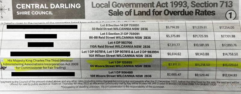 A newspaper clipping with a list of properties and names and amounts of money with one part highlighted