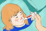 An illustration of a child with a thermometer in their mouth.