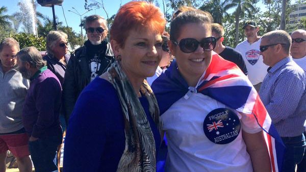 Politician Pauline Hanson with Reclaim Australia rally supporter in Rockhampton