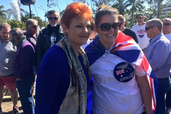 Politician Pauline Hanson with a Reclaim Australia rally supporter in Rockhampton.