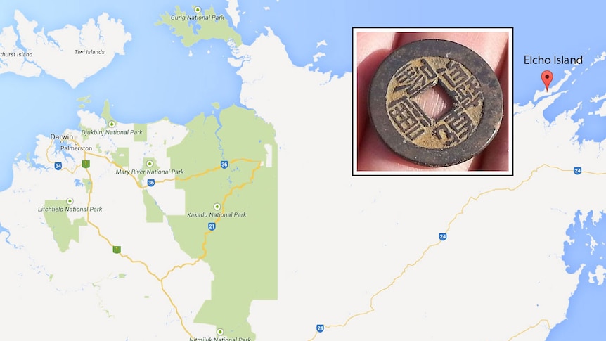 Old Chinese coin and map showing Elcho Island