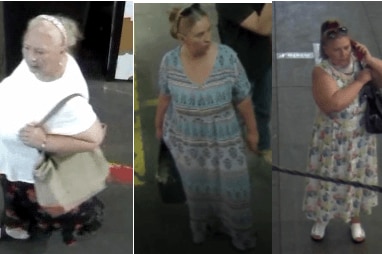 A composite image from CCTV of three women in shops.