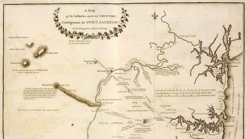 A map of the area inland of Broken Bay, Port Jackson and Botany Bay from data gathered on excursions by Watkin Tench.