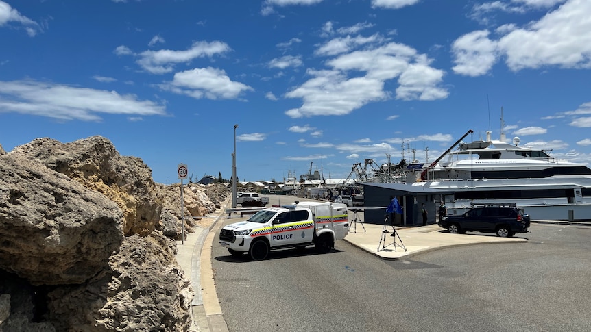 A police car at a marina setting