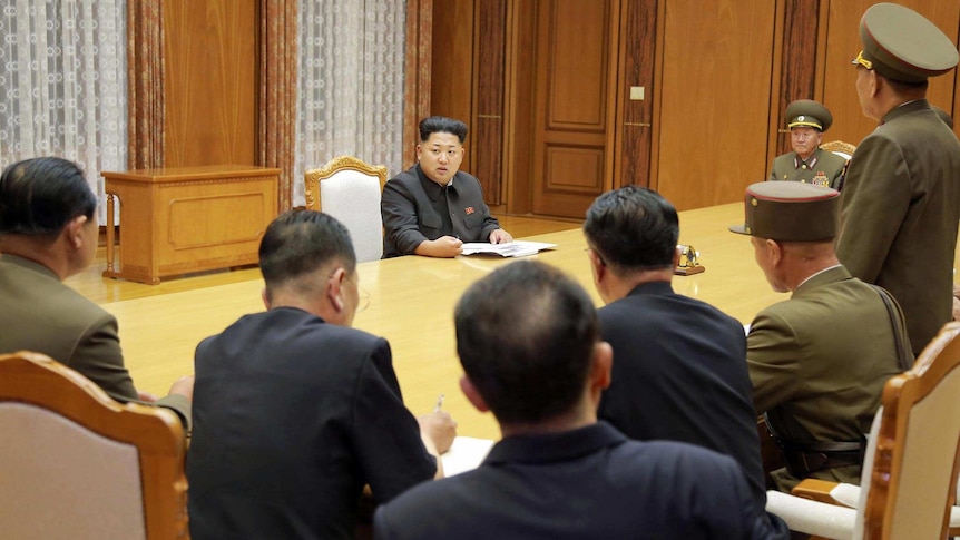 Kim Jong-un at an emergency meeting of the Workers' Party of Korea Central Military Commission.