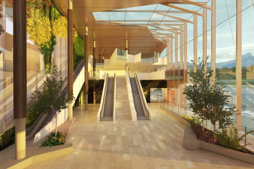 A large glassed atrium and high viewing platform are part of the airport redesign plans