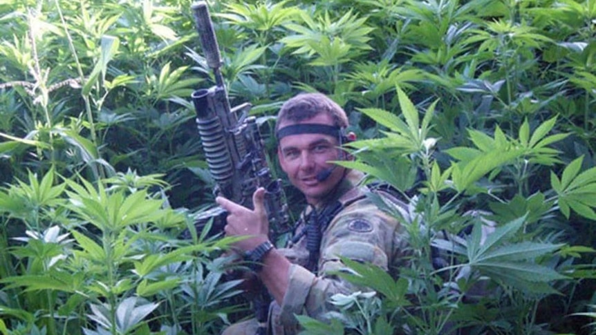 Commando Kevin Frost crouches among marijuana plants in Afghanistan holding a large gun and wearing camouflage gear.
