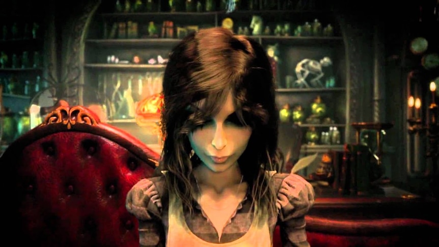 Cartoon image of a girl with brown hair looking forlorn in an apothecary