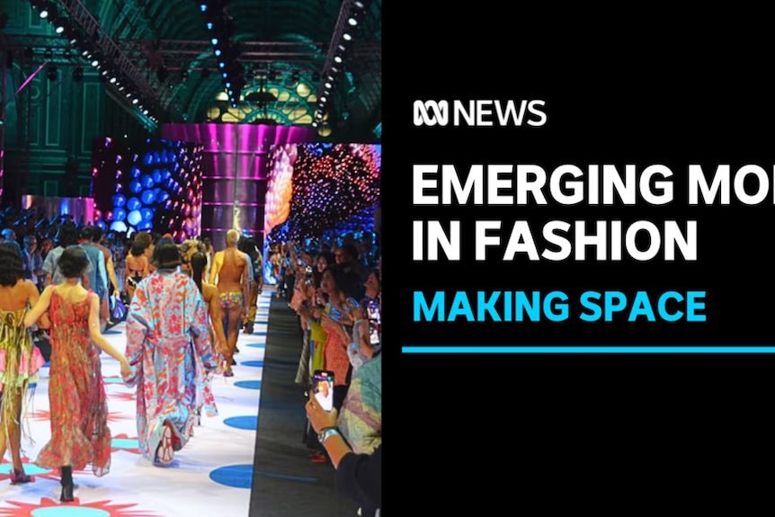 Emerging Mob in Fashion, Making Space: Models wear colourful designs on a fashion catwalk.