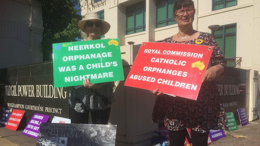 Carolyn Frawley from Cairns and Leonie Sheedy from Geelong, outside the court house in Rockhampton