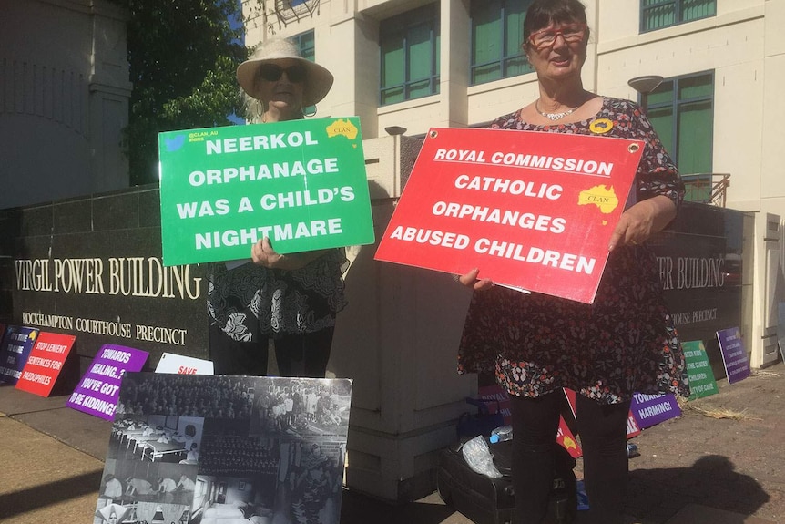 Carolyn Frawley from Cairns and Leonie Sheedy from Geelong, outside the court house in Rockhampton