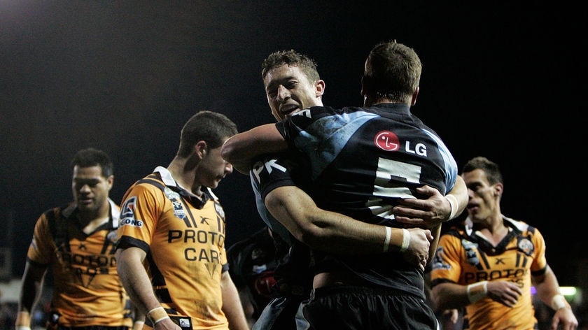 Ben Pomeroy congratulates Luke Covell on his try