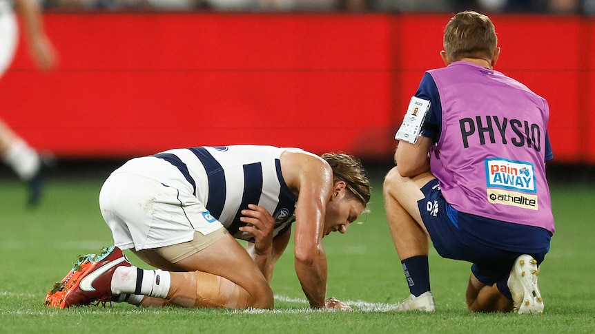 Geelong player Rhys Stanley holds his ribs while lying on the grass after a ruck contest in an AFL game against Carlton.