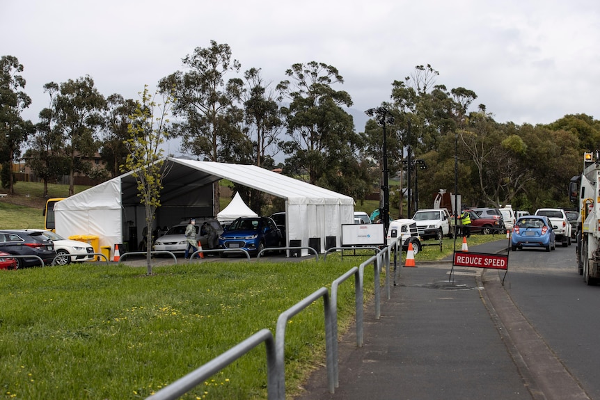 Cars lining up to drive into a large white marquee in a park.