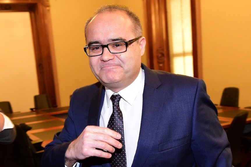 Adem Somyurek wears a navy suit and a spotty tie.