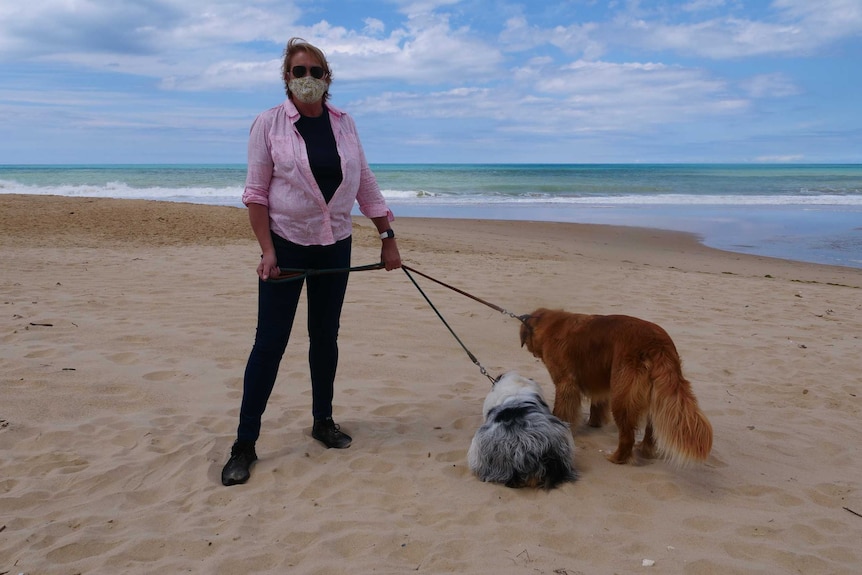 Woman at beach walking two dogs