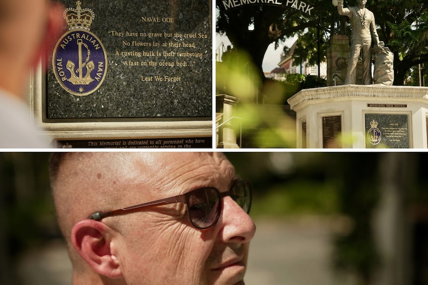 A composite of three images of a man standing at a war memorial. 