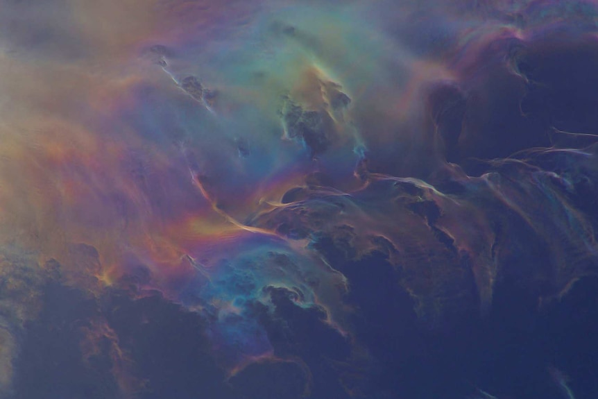 A swirl of colours as seen in cloud iridescence.