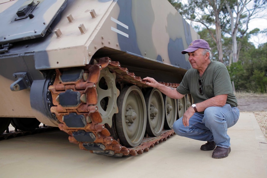 Former soldier, Stan Hanuszewicz with Armoured Personnel Carrier April 20, 2017, South Arm