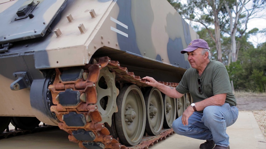 Former soldier, Stan Hanuszewicz with Armoured Personnel Carrier April 20, 2017, South Arm