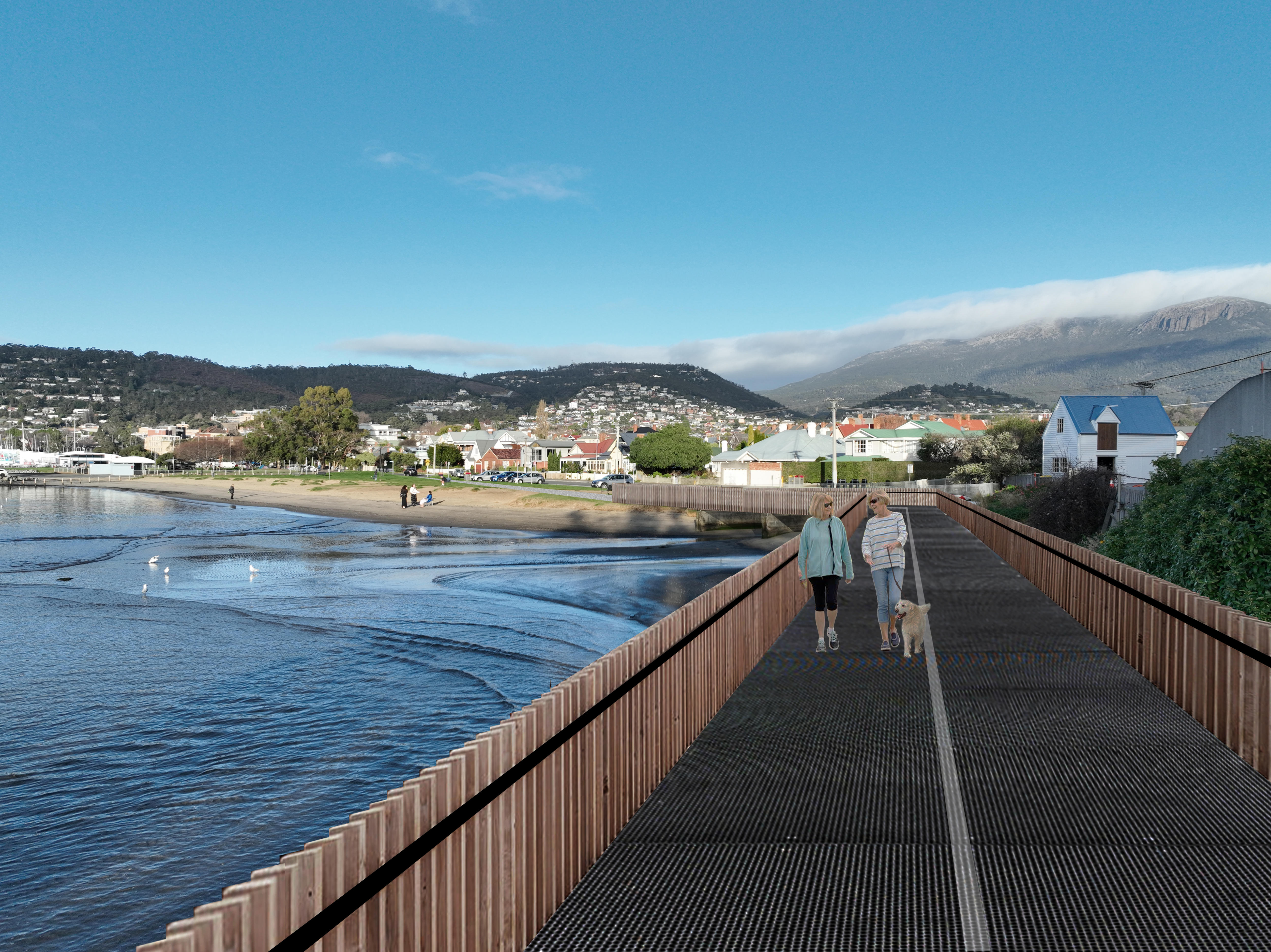 A digital render Battery Point, with two women walking a dog along a boardwalk.