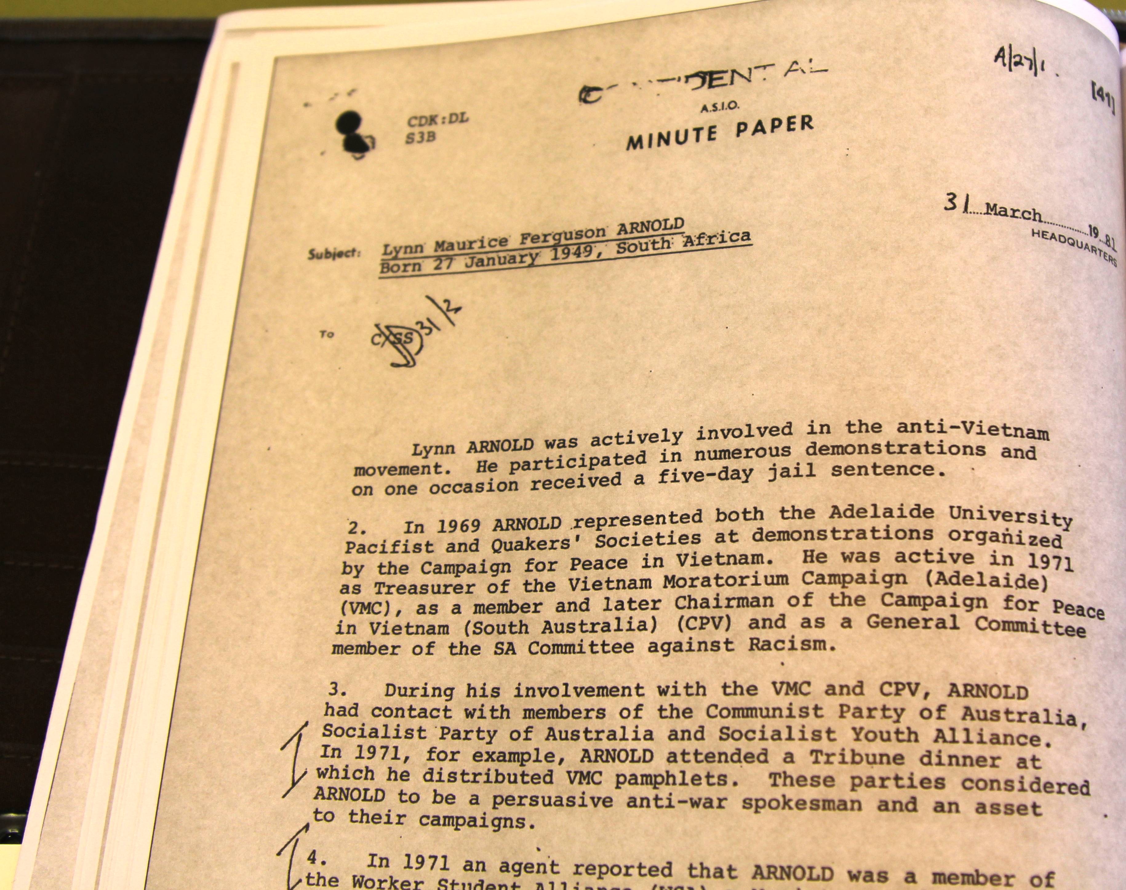 An extract from ASIO's file on former SA premier Lynn Arnold.