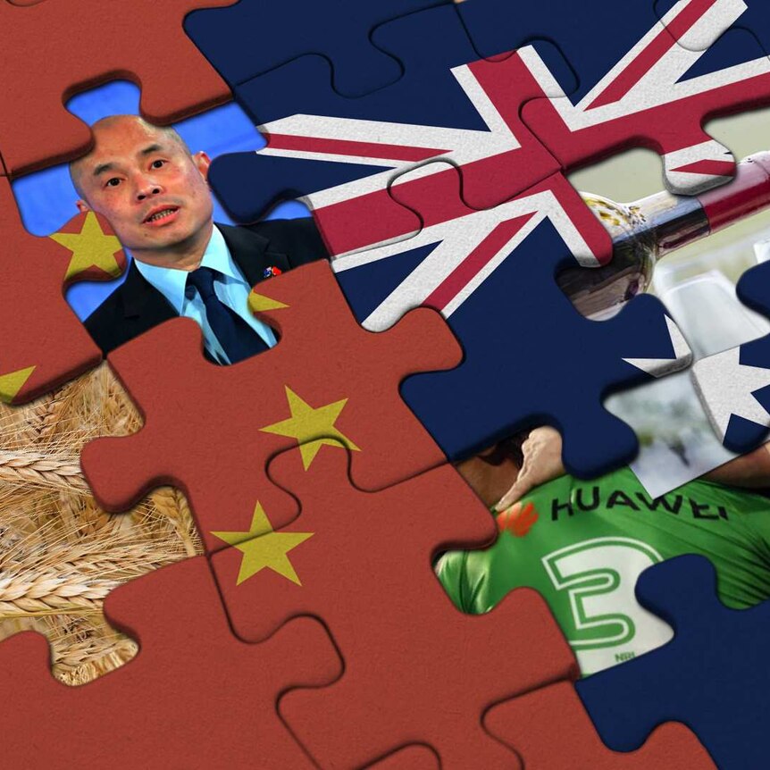 A graphic image of a puzzle with the Chinese and Australian flag imprinted, some missing pieces