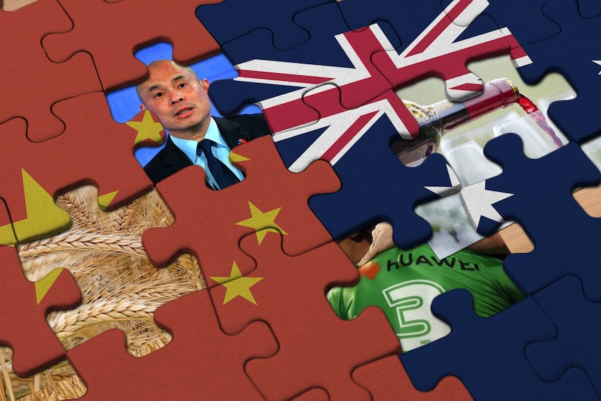 A graphic image of a puzzle with the Chinese and Australian flag imprinted, some missing pieces