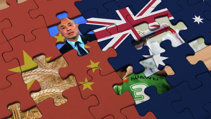 A graphic image of a puzzle with the Chinese and Australian flag imprinted, some missing pieces