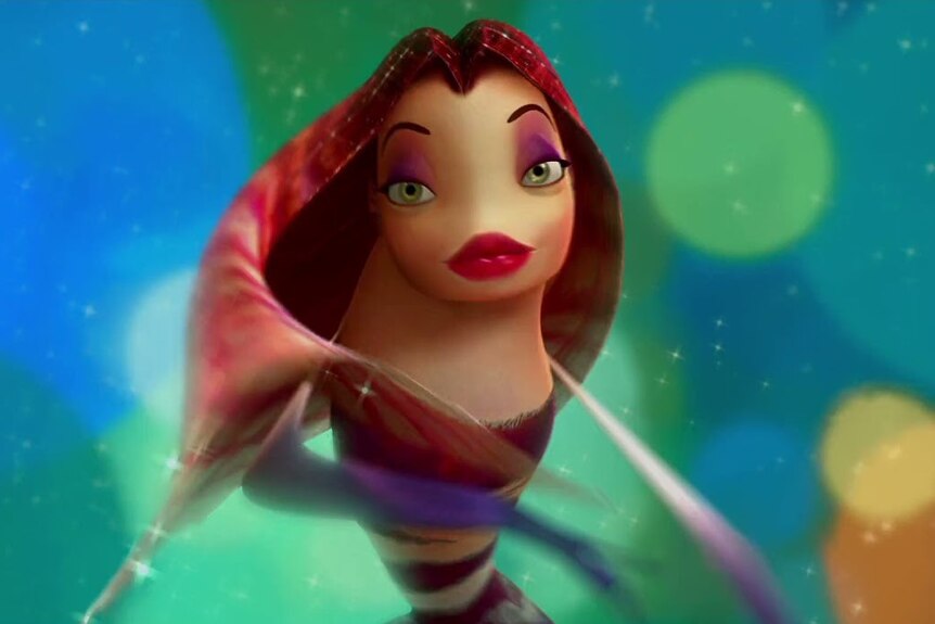 Lola, a fish with sparkly hair who appears to be wearing make-up, in a still from Shark Tale.