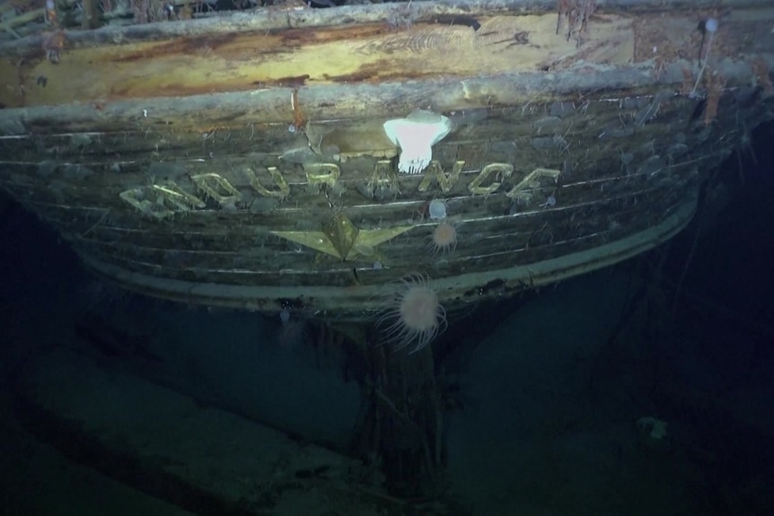 The front of the shipwreck which has the original lettering of the name Endurance.