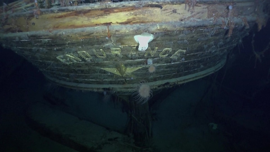 The front of the shipwreck which has the original lettering of the name Endurance.