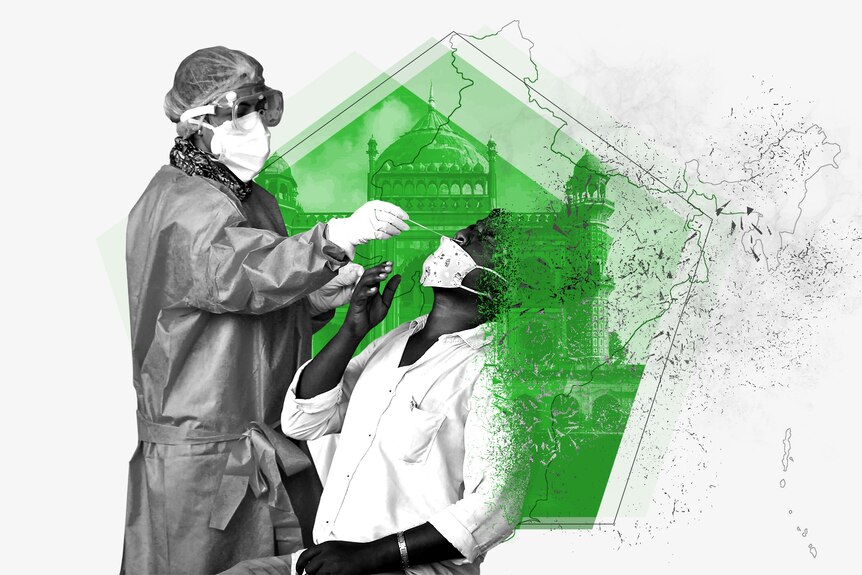 A healthcare workers conducts a COVID test on a patient in black and white, with a green pentagon in the background, Taj Mahal