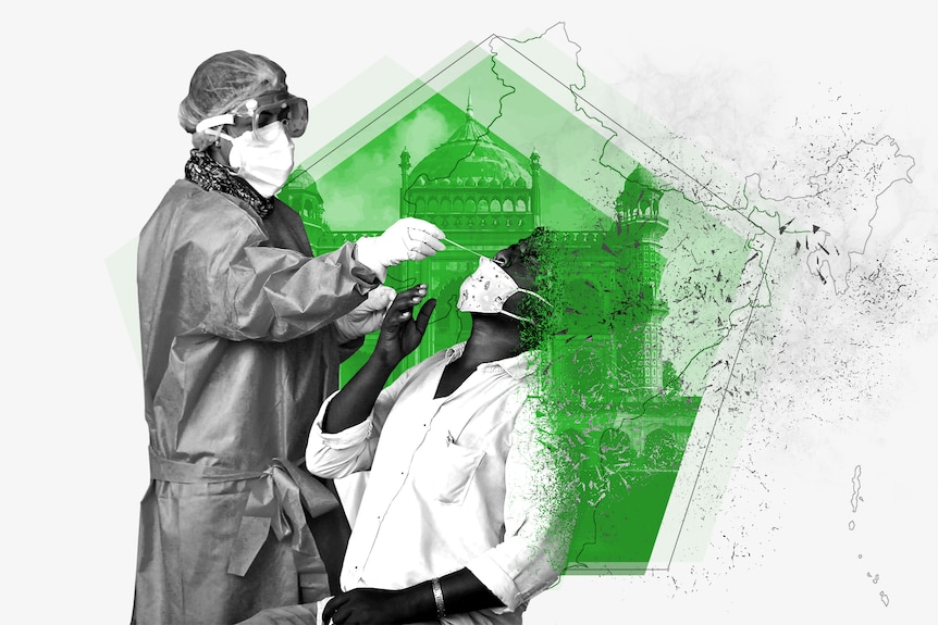 A healthcare workers conducts a COVID test on a patient in black and white, with a green pentagon in the background, Taj Mahal