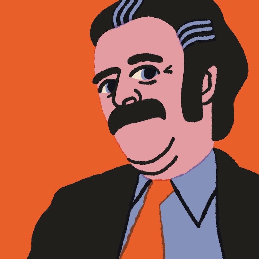 An illustration of a man in a 70s style suit with an orange tie and orange background