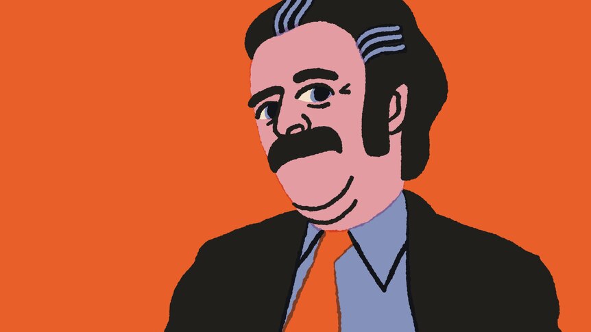 An illustration of a man in a 70s style suit with an orange tie and orange background