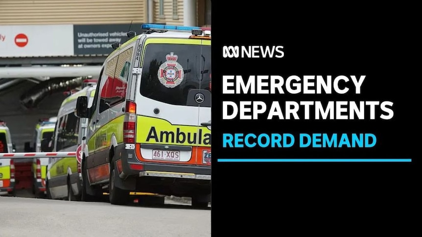 Emergency Departments, Record Demand: Ambulances backed up in a queue at a hospital.