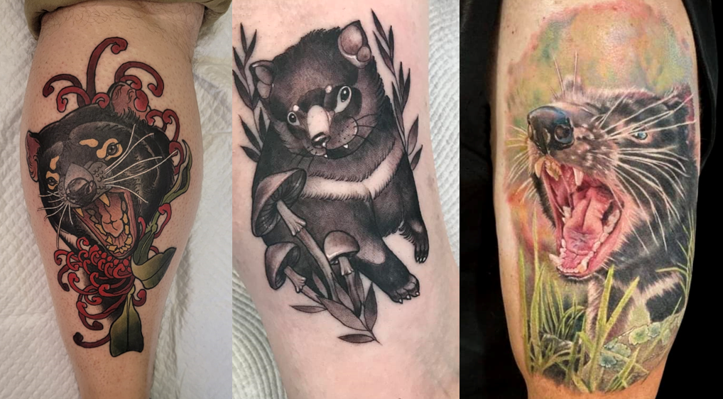 Three photos of Tasmanian devil tattoes with plants or fungi around them. 