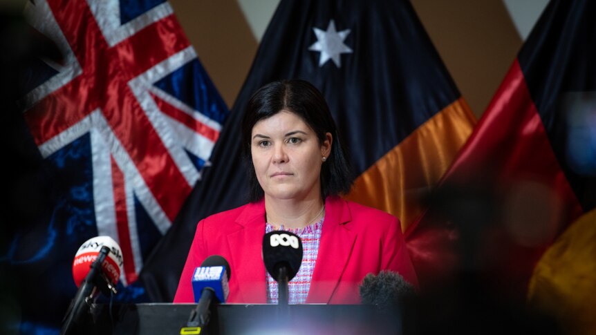 NT Chief Minister Natasha Fyles standing and speaking at a lectern, in front of several flags. 