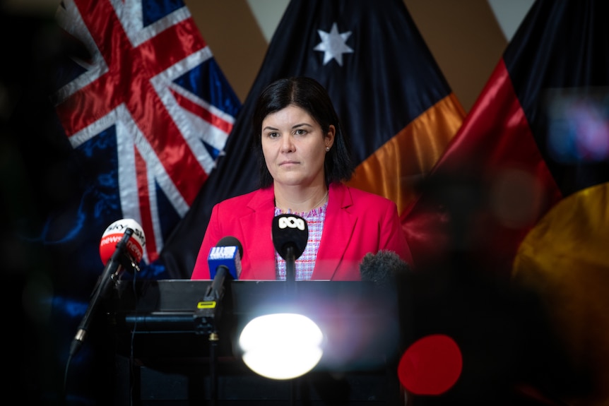 NT Chief Minister Natasha Fyles standing and speaking at a lectern, in front of several flags. 