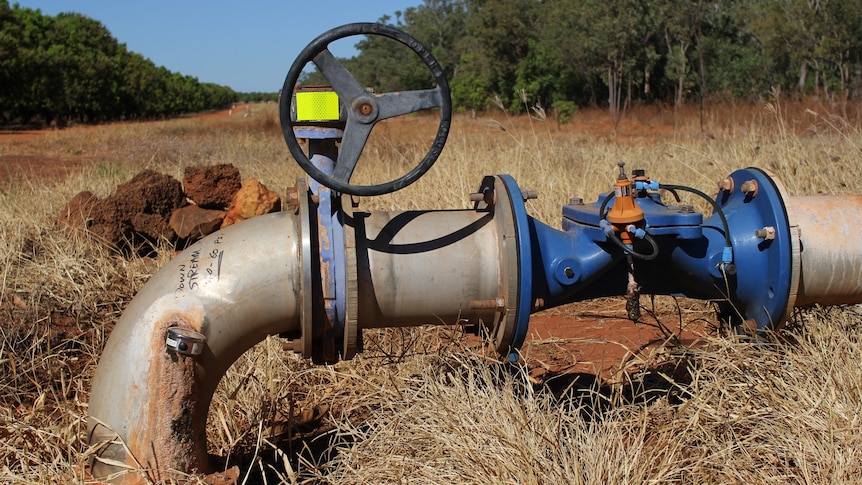 A water bore going into the ground with some trees in the background.