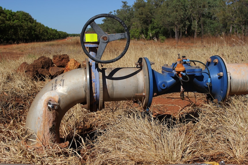  a water bore going into the ground with some trees in the background.