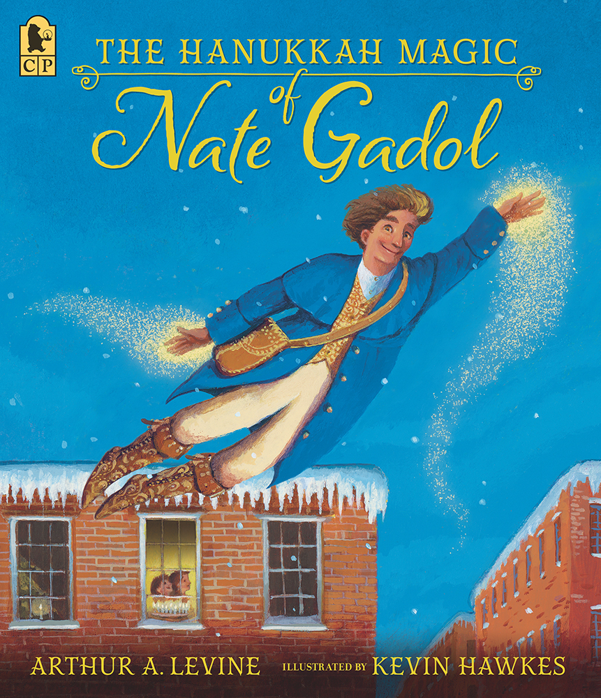An illustration of a man in a blue coat flying through the air, with gold at his fingertips.