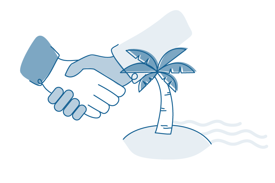 An illustration of two hands shaking next to a palm tree with wavy lines