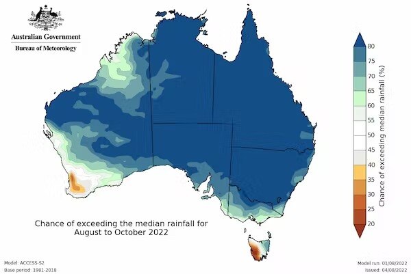 A map of Australia showing chance of exceeding median rainfall in August to October.