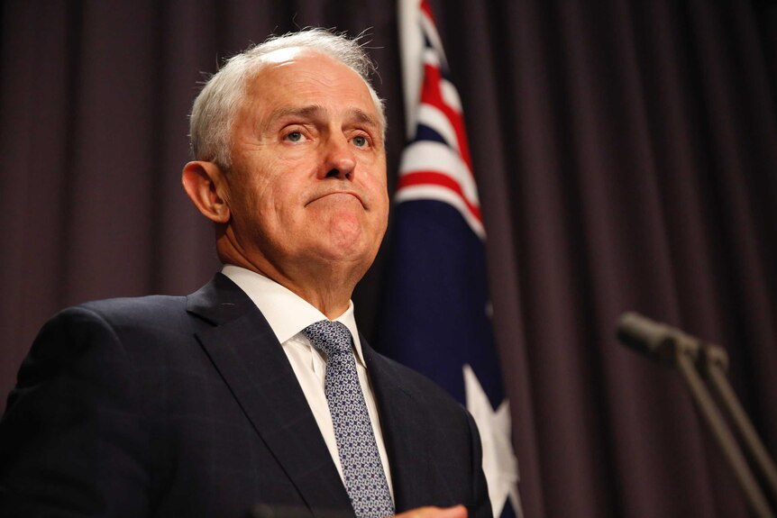 Malcolm Turnbull frowns during a press confernce, standing at a microphone in front of an Australian flag.