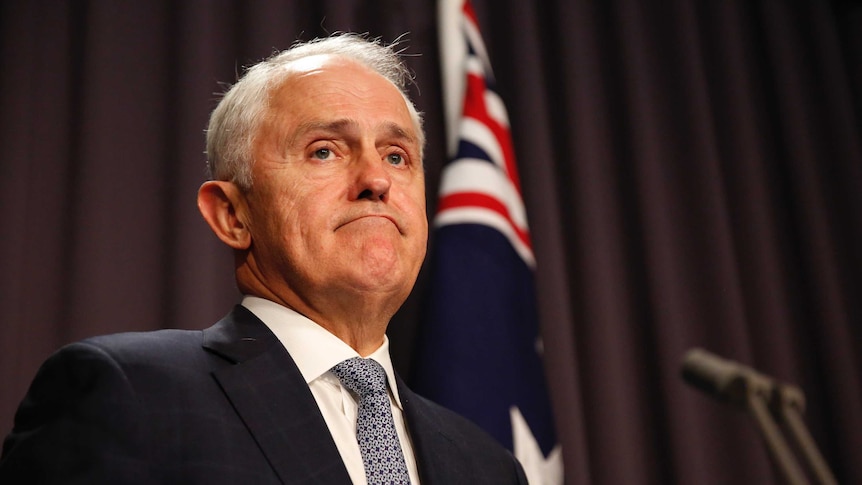 Malcolm Turnbull frowns during a press conference, standing at a microphone in front of an Australian flag.