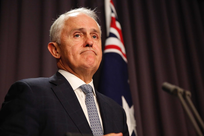 Malcolm Turnbull frowns during a press conference, standing at a microphone in front of an Australian flag.