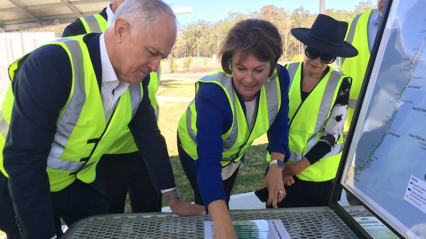 The NSW Roads Minister Melinda Pavey outlining latest Pacific Highway upgrade work to the Prime Minister.